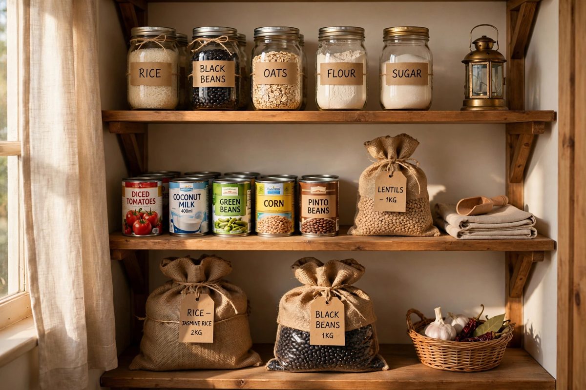 A stocked home pantry shelf with jars, cans, and staples