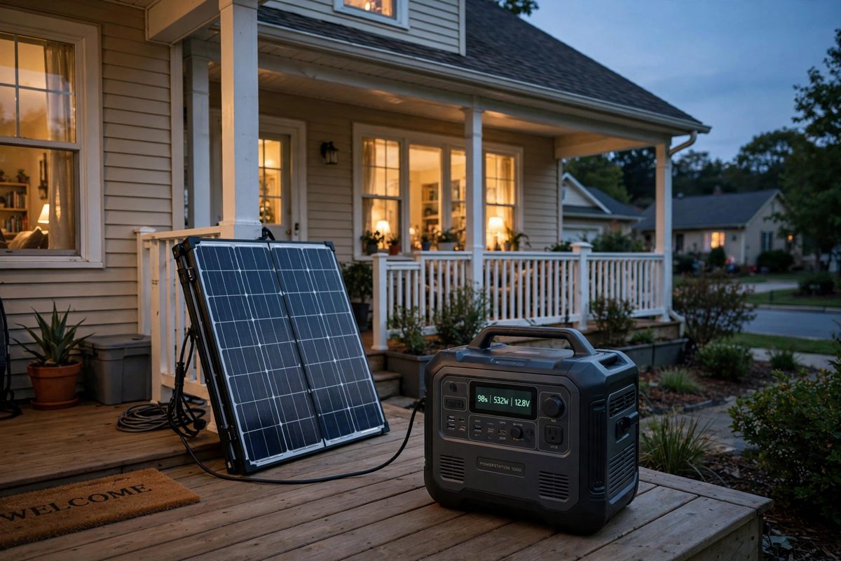 A portable power station and solar panel on a home porch