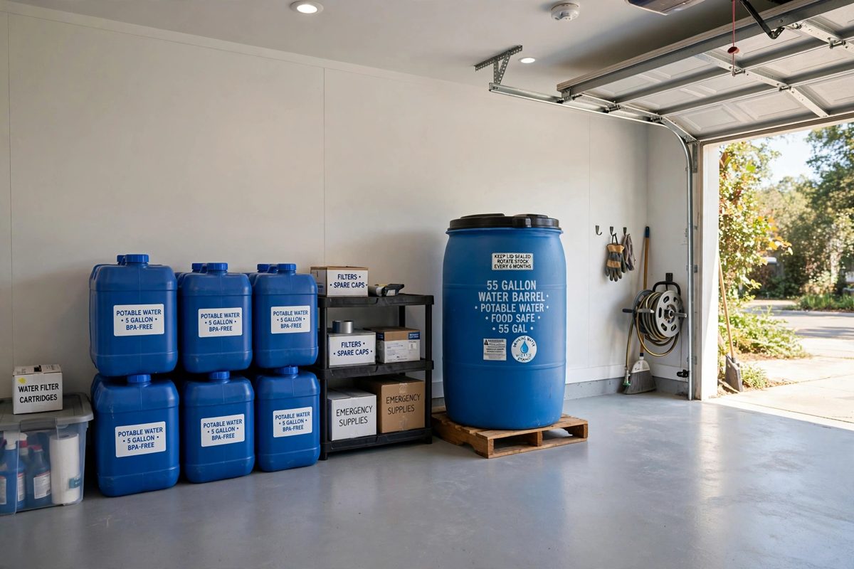 Blue water storage containers and a barrel in a garage